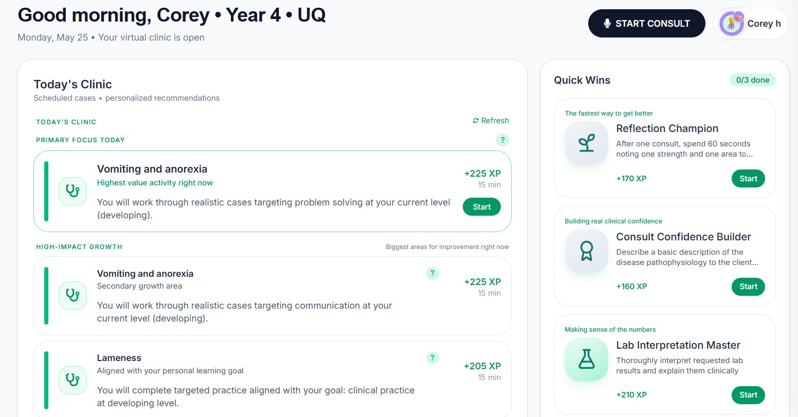 ACTS Student Edition AI veterinary simulator dashboard showing personalised OSCE progress and smart scheduling